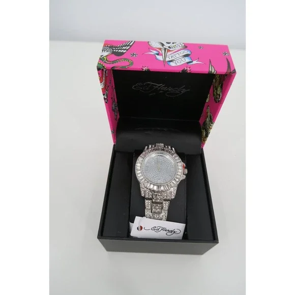Ed Hardy Womens Crystal Bling Watch Silver Tone Rhinestone Embellished